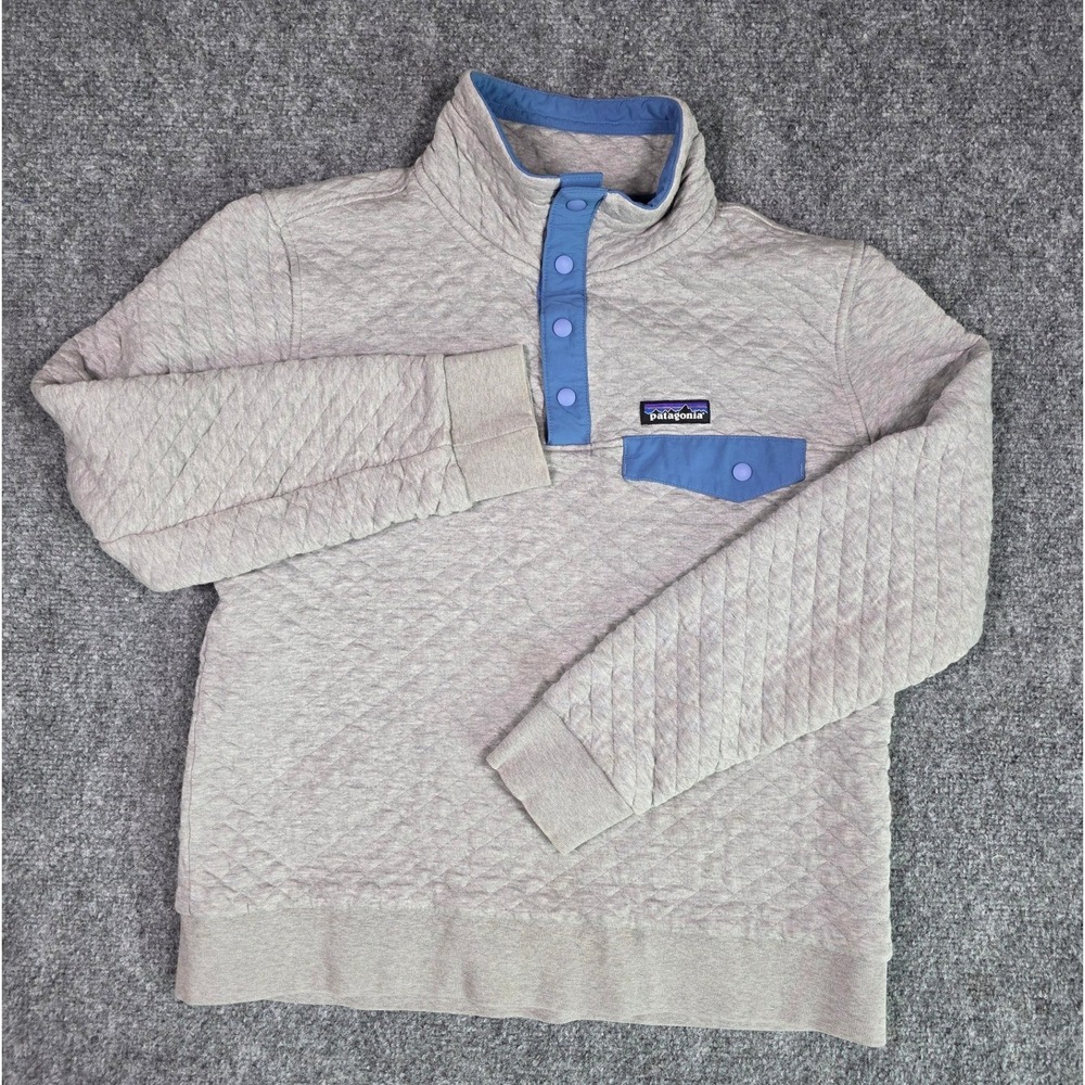 Patagonia Quilt Snap-T Pullover Women Size M Grey Blue Organic Cotton Sweatshirt